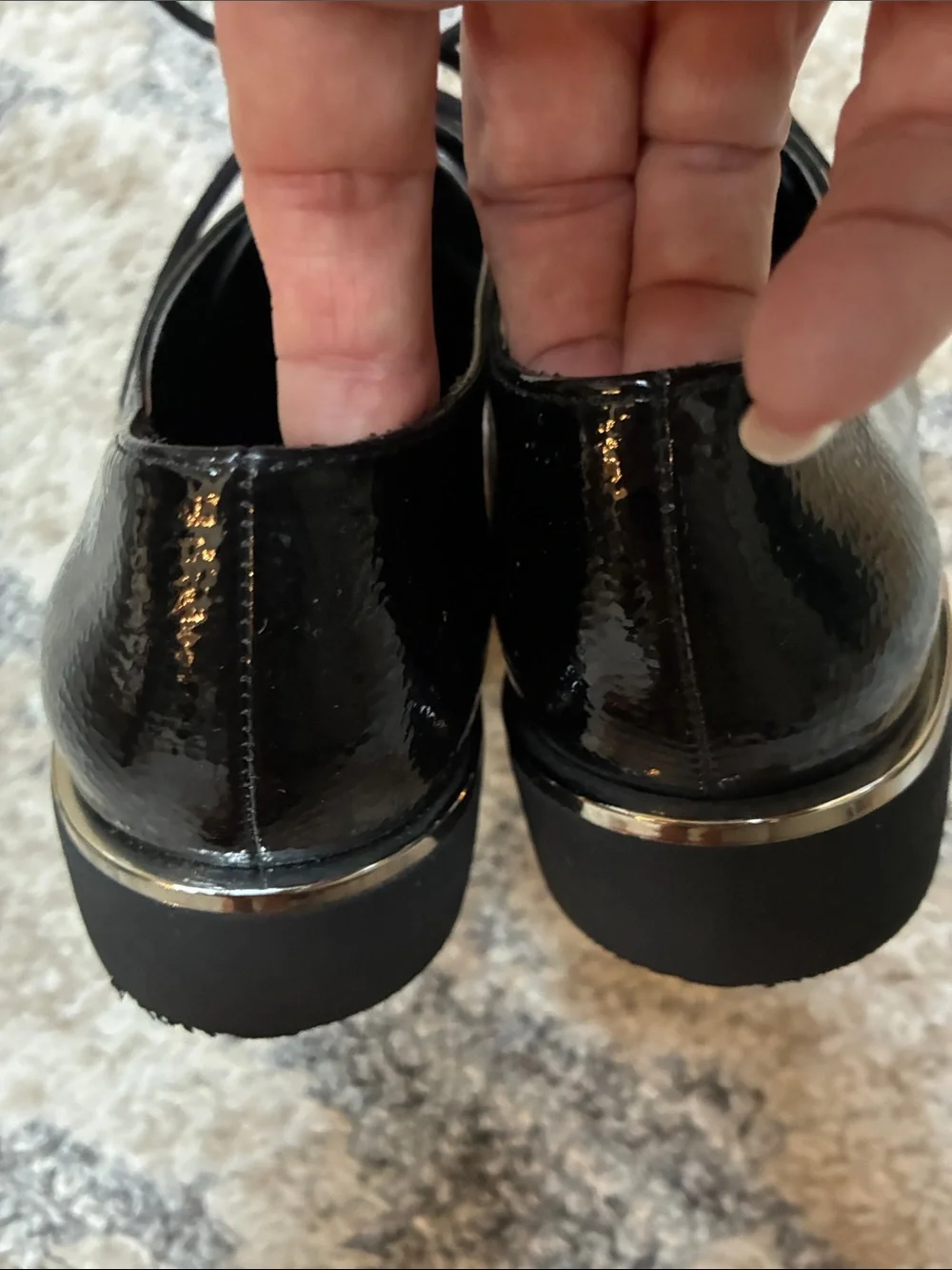 Franco Sarto Black Patent Leather Derby Shoes with Brown Welt